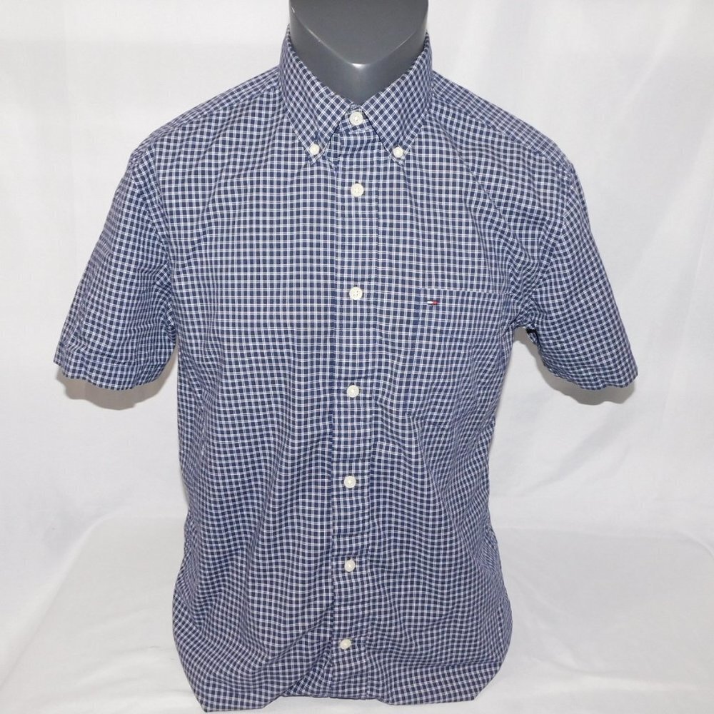 Tommy Hilfiger Blue White Plaid Check Short Sleeve Button Front Shirt Mens M
